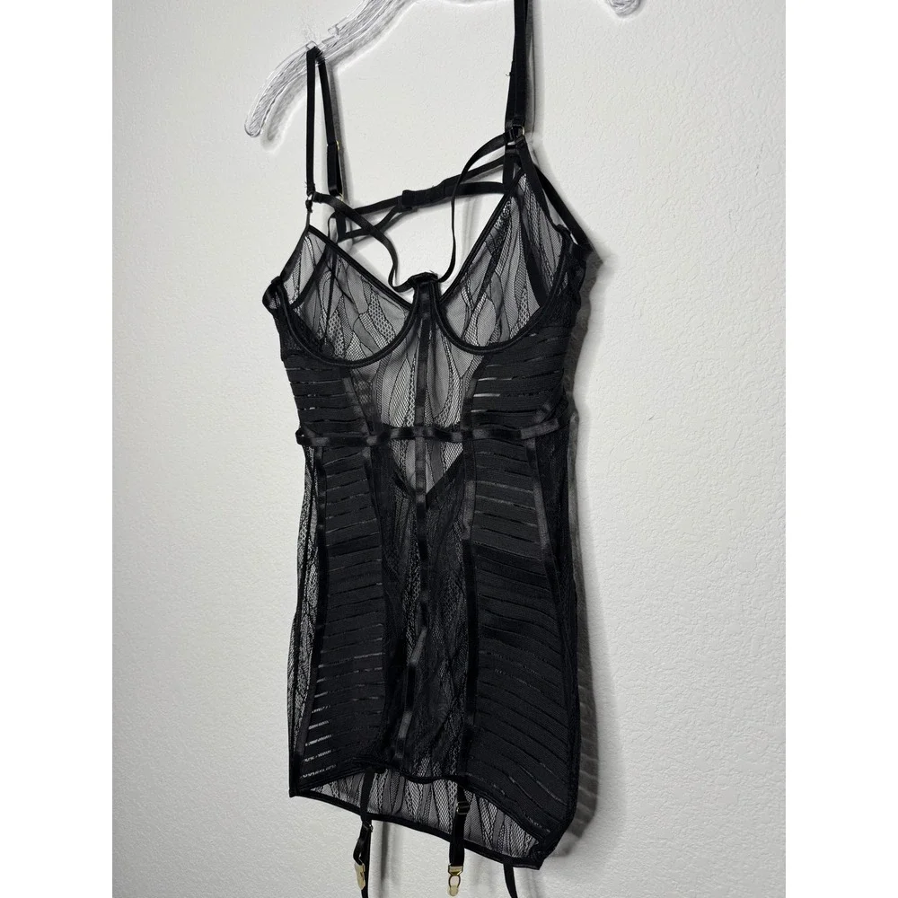 Dreamgirl Black Lace Mesh Underwire‎ Chemise Dress Garter Lingerie Womens Size L